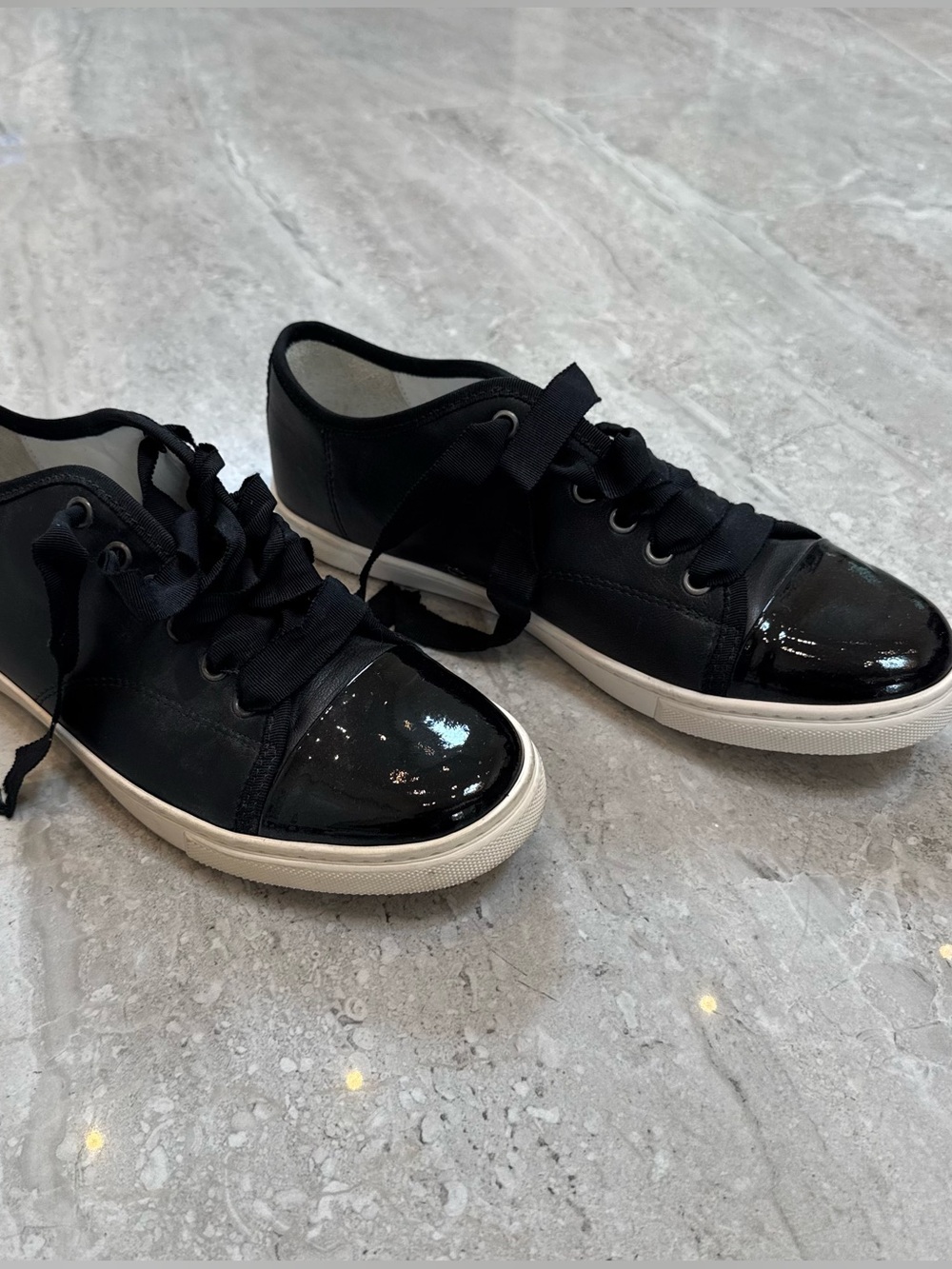 Lanvin Black Low-Top Leather & Patent Cap-Toe Sneakers